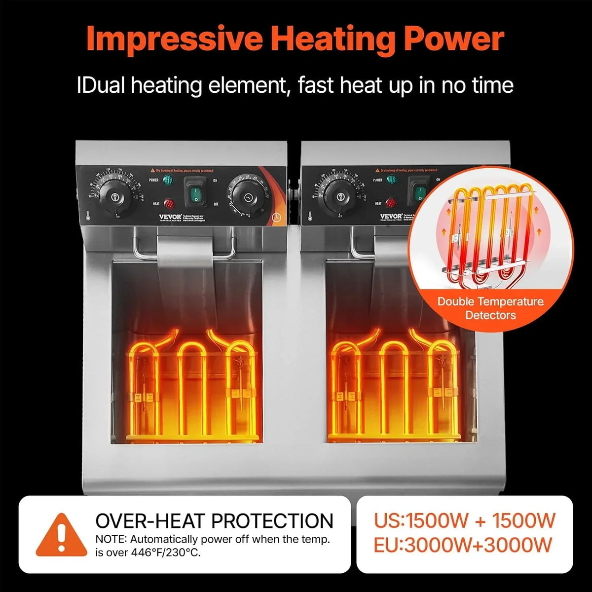 Freidora eléctrica doble de 2 x 8L 3000W, freidora de sobremesa de acero inoxidable con control de temperatura y temporizador, doble cubeta y cestas