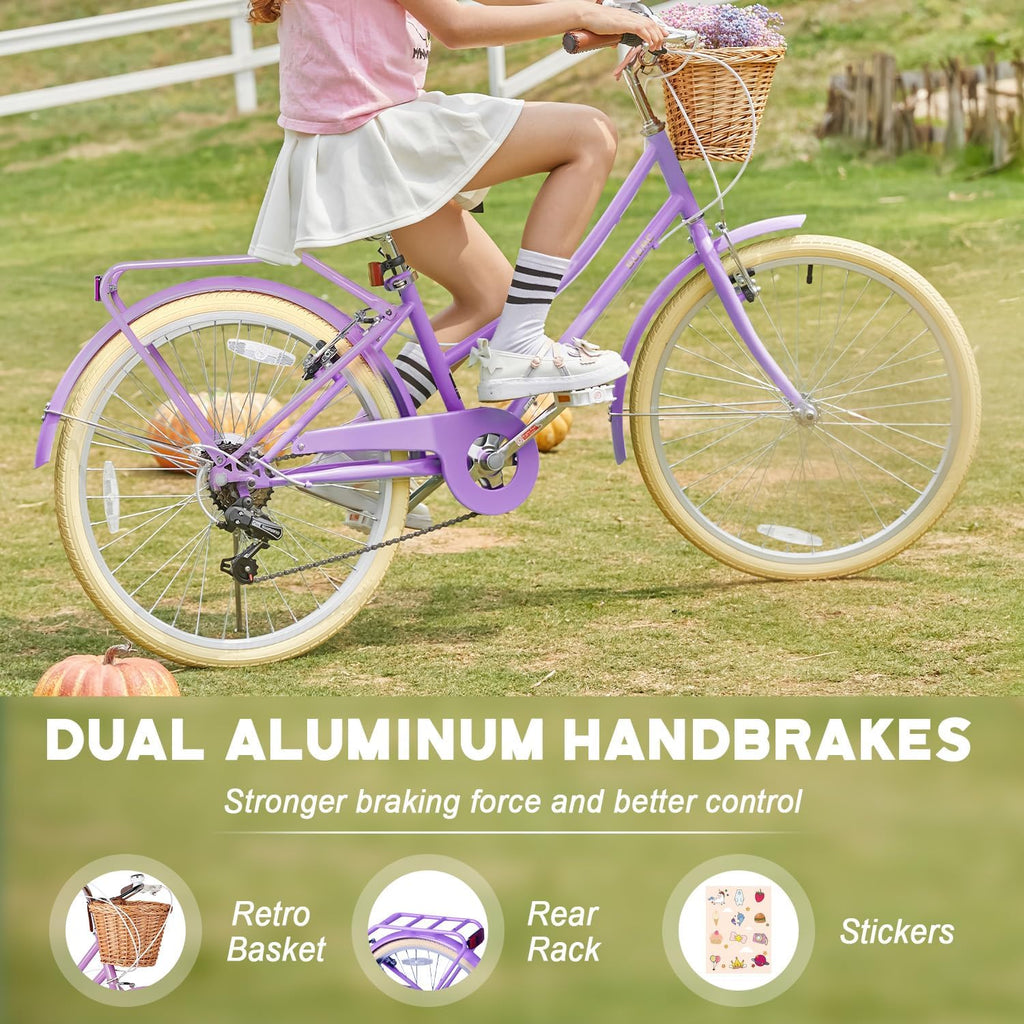 Glerc Missy 20, 24, 26 pulgadas bicicleta híbrida urbana tipo crucero para niñas, de 6 velocidades, con cesta de mimbre, para jóvenes mayores de 6 años, varios colores