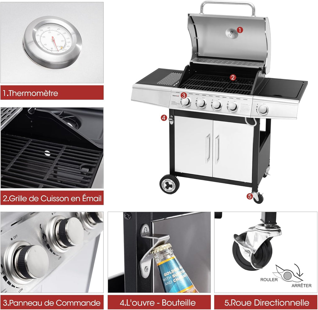 Barbacoa de Gas Royal Gourmet de 4+1 Quemadores de Acero Inoxidable, Parrilla de Gas de 14,5 kW de Potencia con Mesas y Termómetro, 2 Ruedas Direccionales, 2 Puertas, Adecuada para Jardín y Exterior, Plata