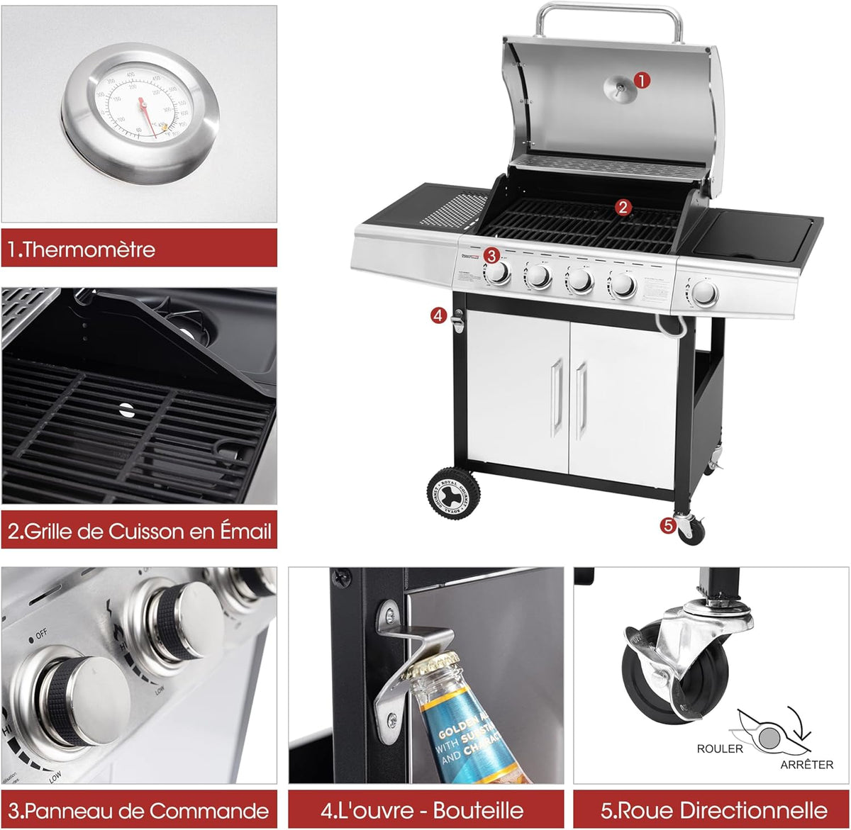 Barbacoa de Gas Royal Gourmet de 4+1 Quemadores de Acero Inoxidable, Parrilla de Gas de 14,5 kW de Potencia con Mesas y Termómetro, 2 Ruedas Direccionales, 2 Puertas, Adecuada para Jardín y Exterior, Plata