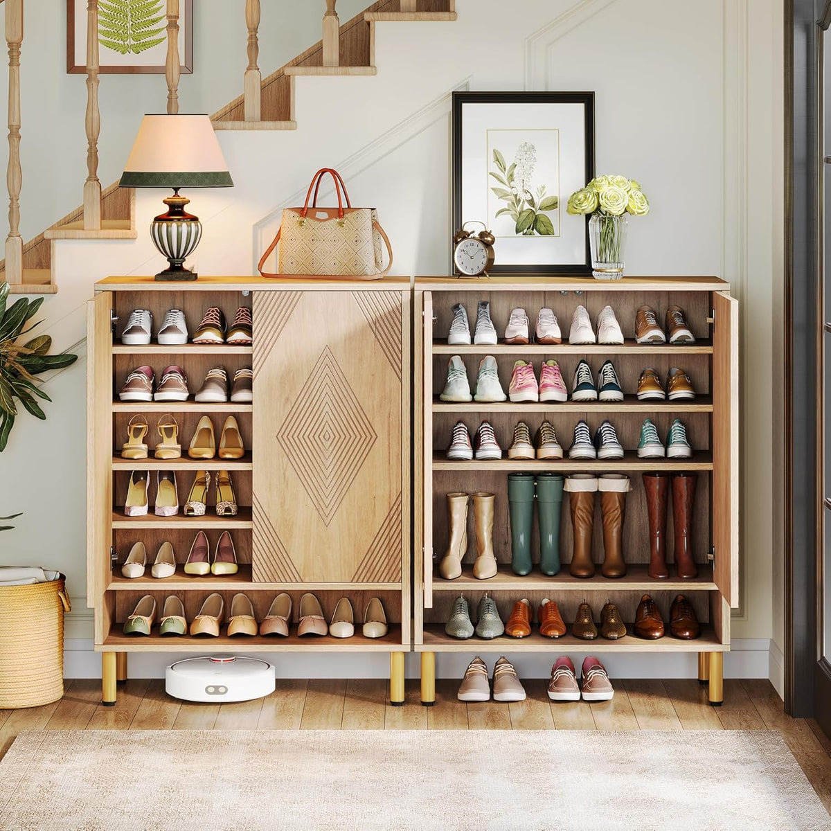 Tribesigns Zapatero de 7 niveles, estante para zapatos, zapatero con 2 puertas, mueble para 24 pares de zapatos estilo granja con estantes ajustables, organizador de madera para entrada, pasillo, sala de estar (marrón)
