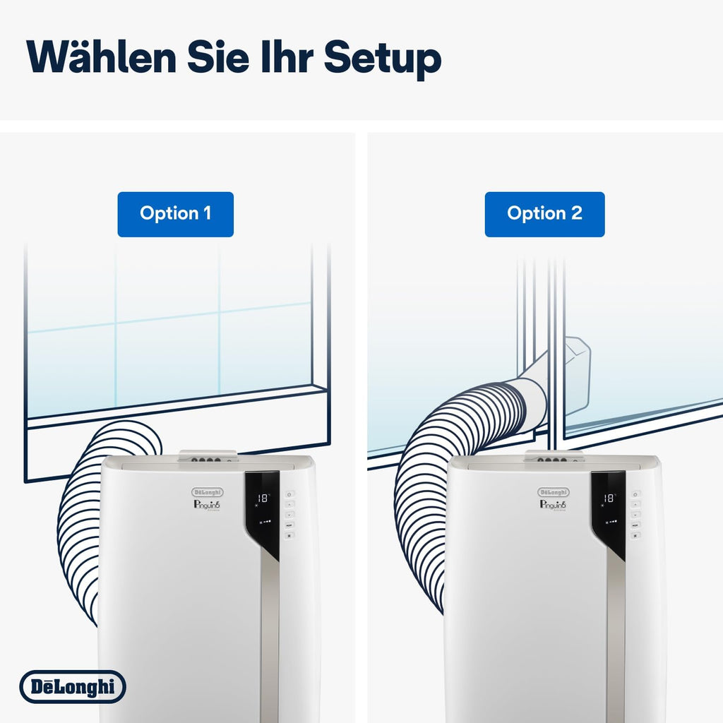 De'Longhi Pinguino PAC EM82, aire acondicionado portátil para habitaciones de hasta 80 m³, 9.400 BTU, 2,4 kW, 63 dB, función de deshumidificación, clase energética A, temporizador 24 h, blanco