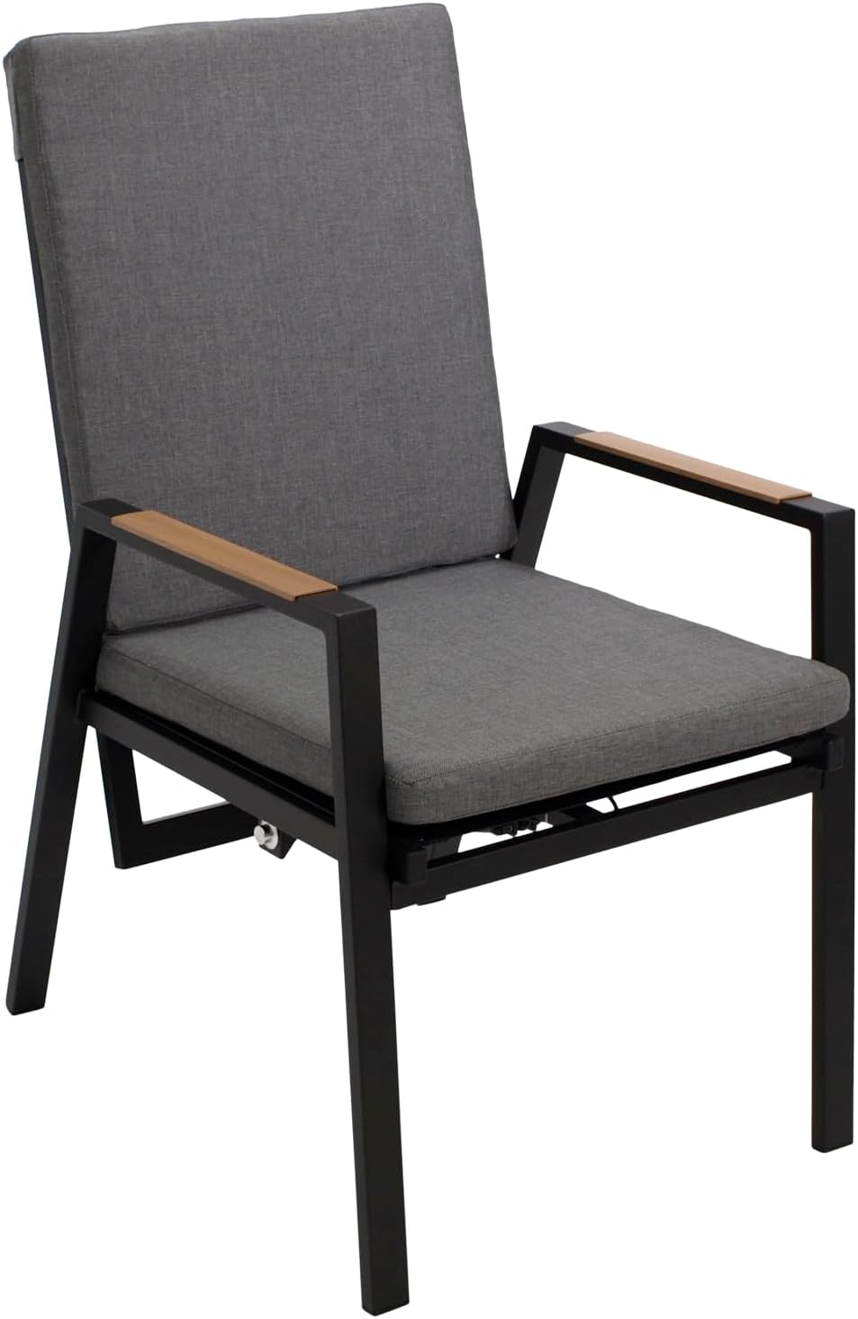 Sillón de jardín DEGAMO Bilbao con respaldo alto, aluminio resistente a la intemperie color antracita, reposabrazos con efecto madera, reclinable sin niveles, cojines grises, resistente a la intemperie, exterior