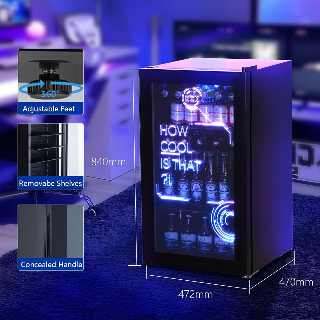 HCK Refrigerador para bebidas, mini nevera con iluminación moderna cyberpunk, 98 L, mini refrigerador silencioso de 0-10 °C, minibar para interiores, para sala de juegos, fiestas, negro.