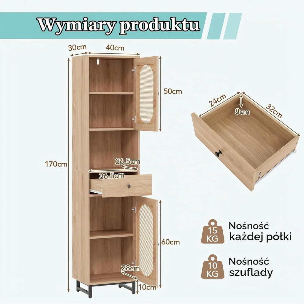 LIFEZEAL Szafka łazienkowa z 2 drzwiami rattanowymi, wysoka szafka toaletowa z regulowanymi półkami, metalowe nóżki, 40x30x170 cm, do łazienki, salonu, kuchni, naturalna