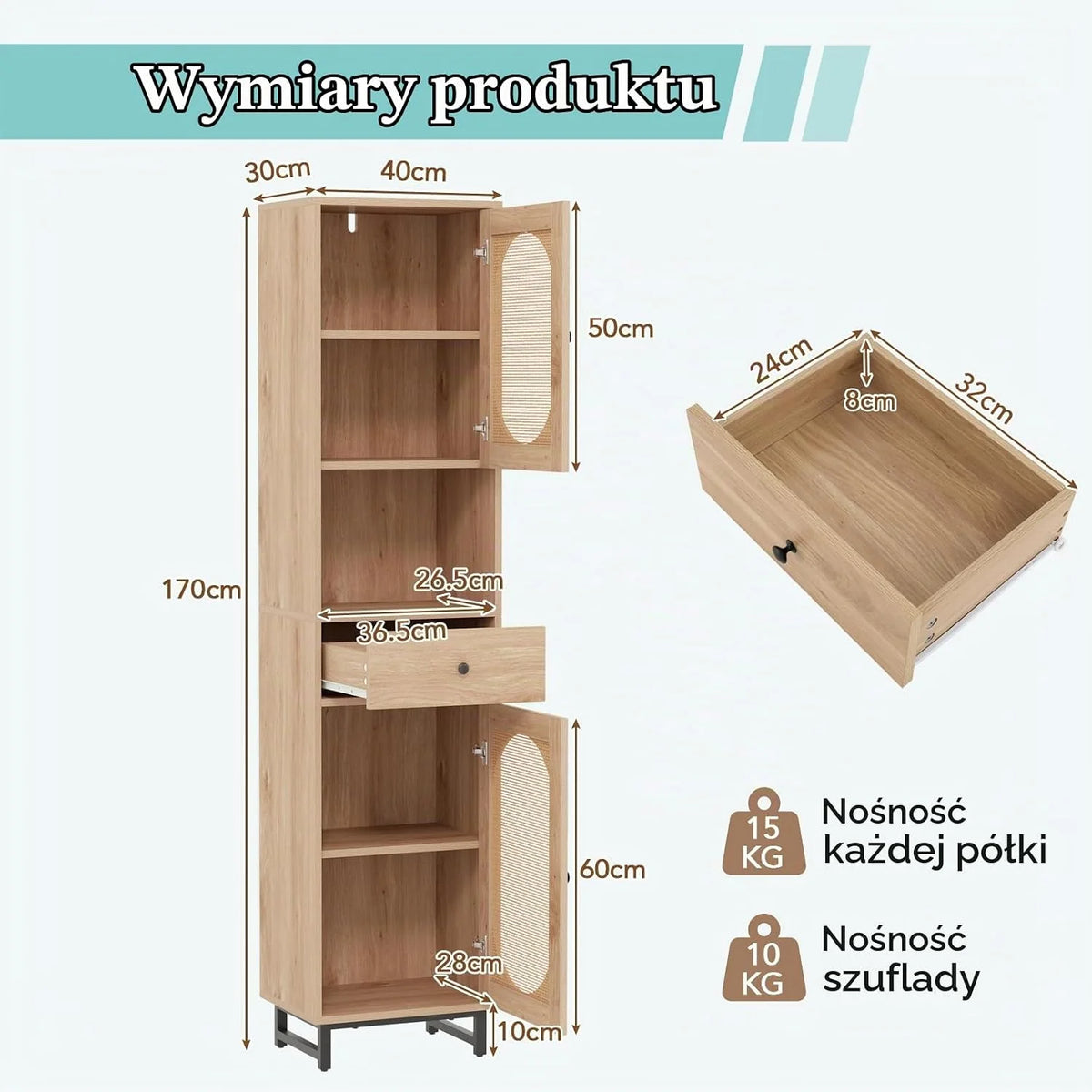 LIFEZEAL Szafka łazienkowa z 2 drzwiami rattanowymi, wysoka szafka toaletowa z regulowanymi półkami, metalowe nóżki, 40x30x170 cm, do łazienki, salonu, kuchni, naturalna