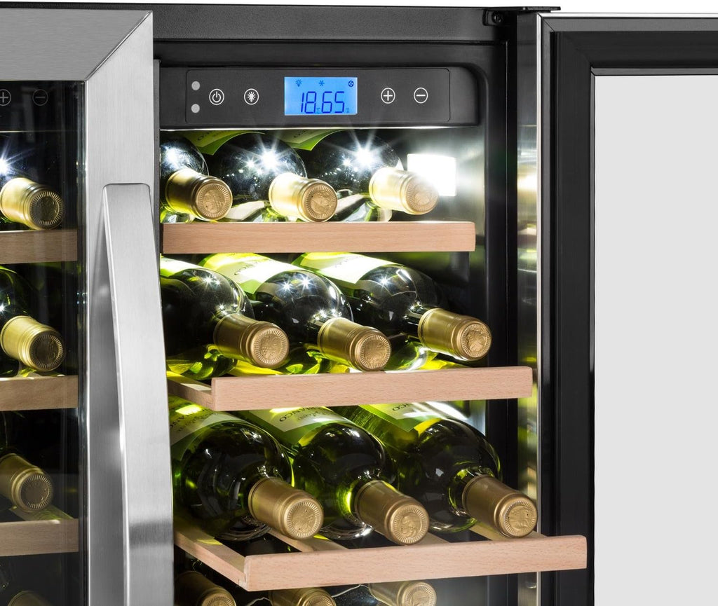 Klarstein Vinovilla Duo42, Bodega climatizada, Refrigerador de bebidas, Volumen: 126 L, 2 x 5 estantes de madera, Iluminación interior LED en 3 colores seleccionables, 2 zonas de enfriamiento, negro