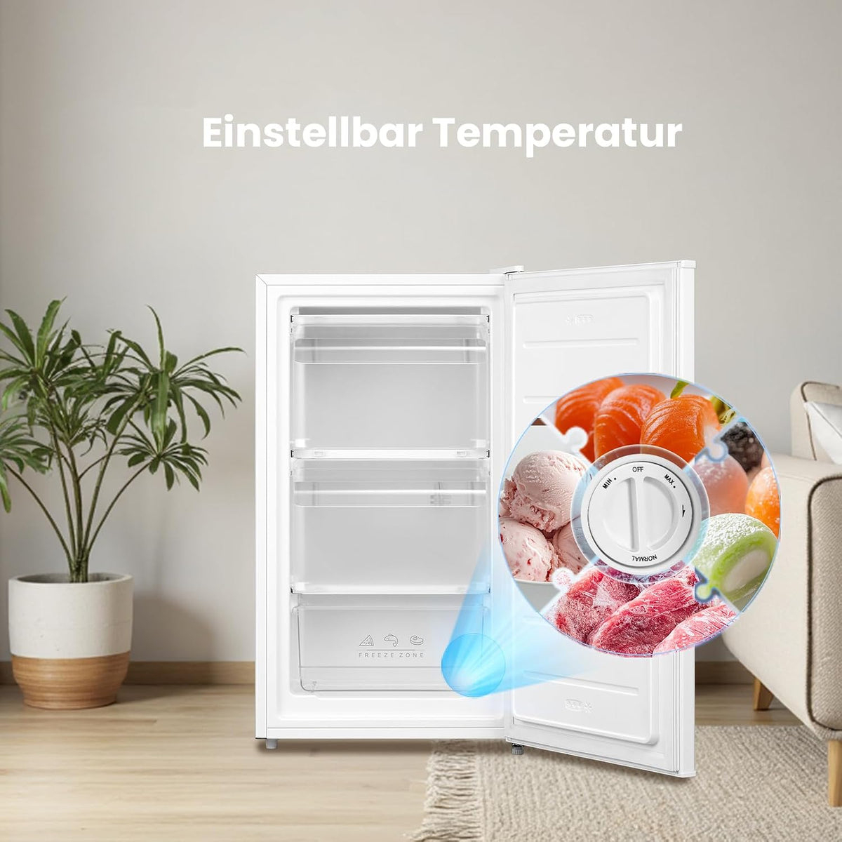 Congelador vertical COMFEE' RCU60WH2(E) de 60L con cajones, 3 cajones de congelación, una puerta, temperatura ajustable, puerta reversible, silencioso, independiente, blanco