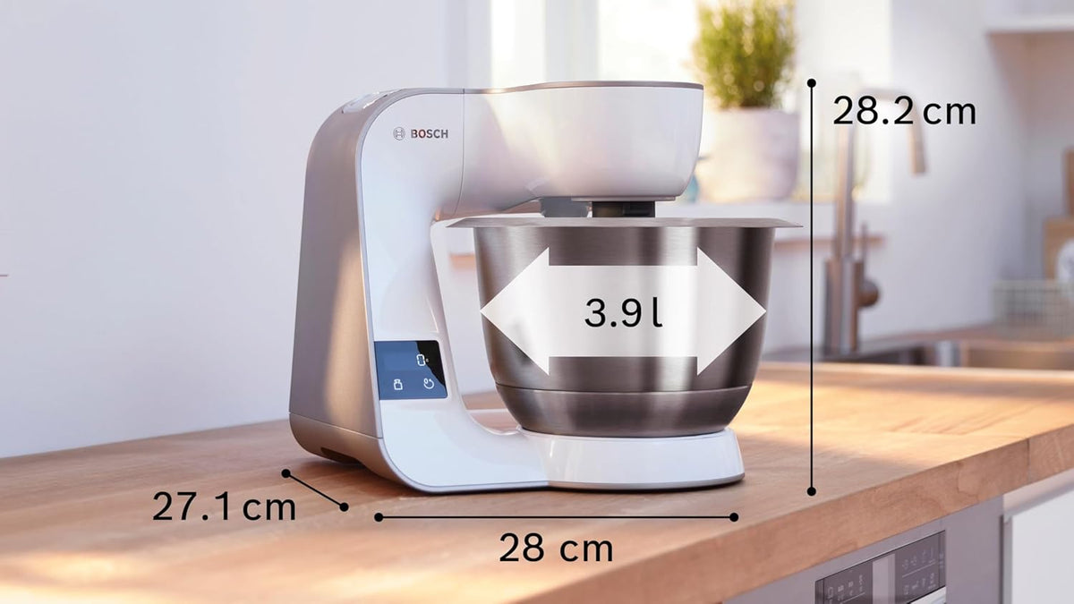 Procesador de alimentos Bosch Serie 4 con báscula, bol de acero inoxidable apto para lavavajillas, batidora, picadora de carne, sistema de mezclado planetario, cortador-rallador, 3 discos, cortador de dados, 1000 W, MUM5XL74