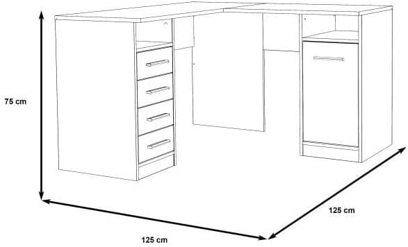 Escritorio esquinero Forte NET 106 de 120 x 130, escritorio con 4 cajones y 1 puerta, escritorio blanco, habitación juvenil, oficina en casa, oficina, madera reconstituida, blanco, 125 cm de ancho x 75 cm de alto x 125 cm de profundidad