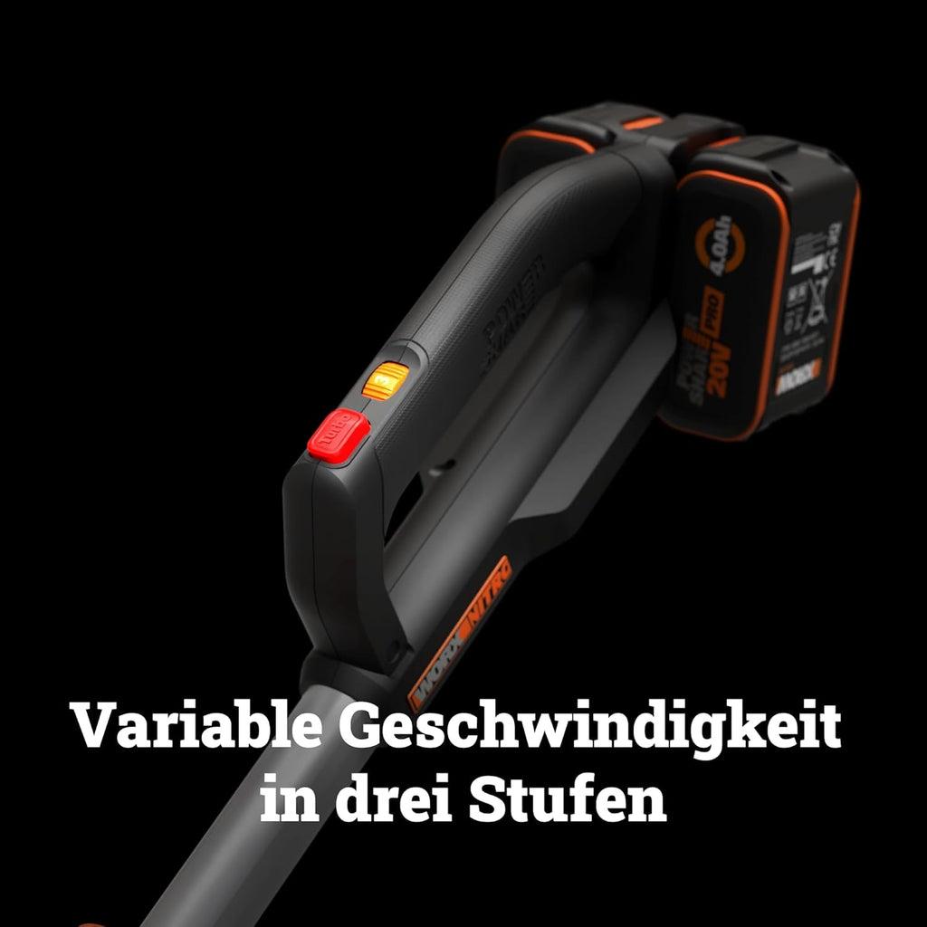 Soplador de hojas inalámbrico WORX Nitro 40V WG585E - motor sin escobillas - 3 velocidades y modo turbo - velocidad del aire 266 km/h - caudal de aire 1053 m³/h - incluye 2 baterías de 4Ah y cargador rápido doble de 4A