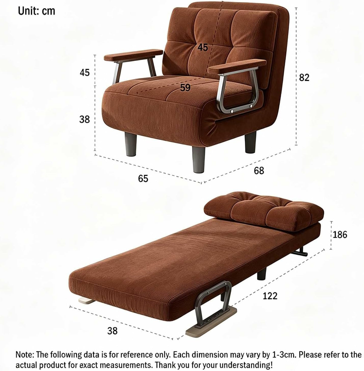 Sillón convertible individual, sofá cama, sillón cama plegable 3 en 1 para espacios pequeños, respaldo de 5 niveles, con cojín, apoyabrazos y patas de metal, C, ancho 65 cm