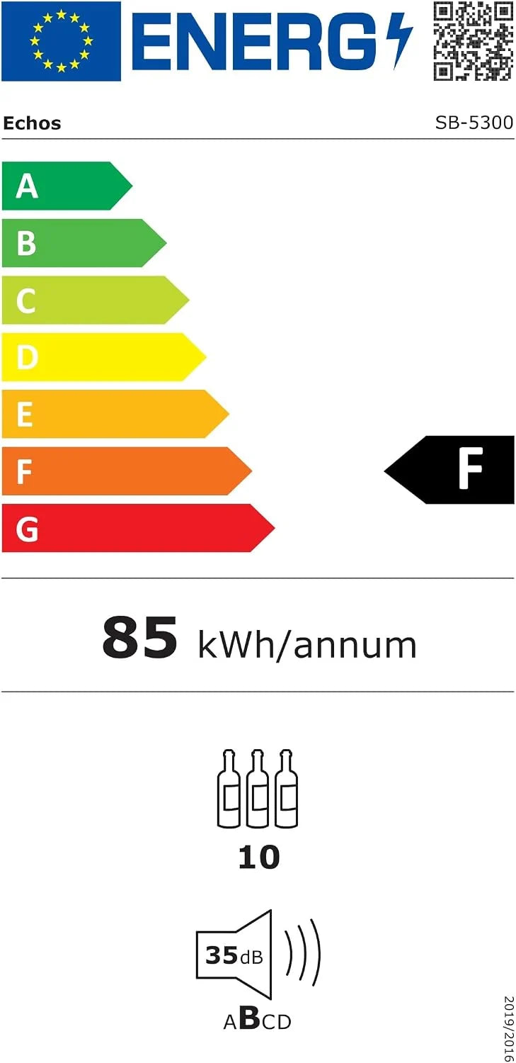 Echos Lodówka na wino, na 10 butelek, 28 l, oświetlenie LED, chłodziarka do wina, mini lodówka na wino, mini bar ze szklanymi drzwiczkami