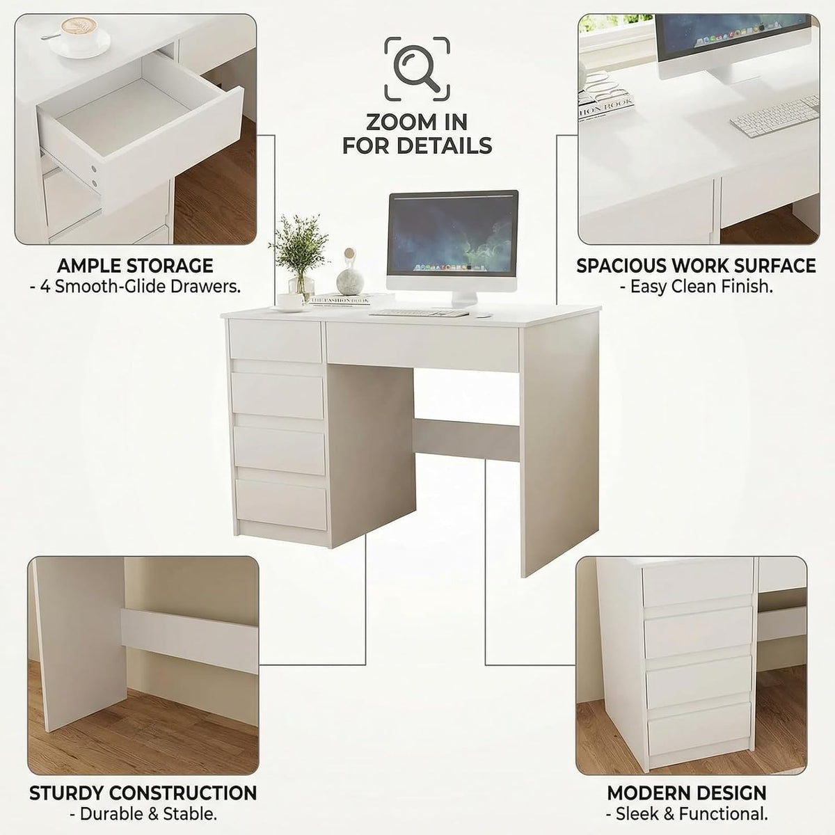 Escritorio VOWNER con 5 cajones, escritorio para computadora con almacenamiento, mesa de PC para habitación juvenil o dormitorio | Mesa de trabajo, 110x50x75 cm (blanco)