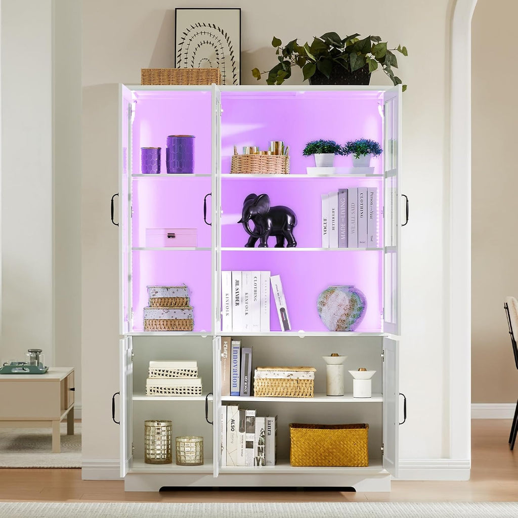 LUXOAK Vitrina con iluminación LED y tiradores retro, armario alto blanco de 180 cm, 6 puertas con ventanas acrílicas y 8 estantes, armario moderno para salón y cocina