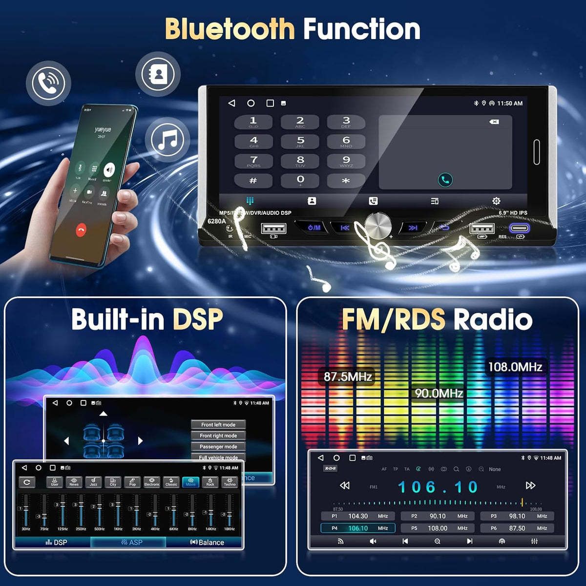 Autoradio Android 15 Motorsi con Apple CarPlay, pantalla táctil IPS de 6.9 pulgadas 1280P, 1 DIN, 4 núcleos, 2+64 GB, Bluetooth, GPS, DSP, Android Auto, WiFi, radio FM/RDS, cámara de reversa AHD y micrófono.