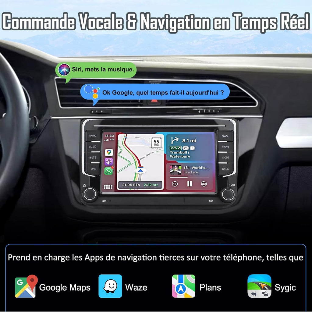 MRSXWPY Autorradio 2 DIN, Radio de coche de 7" para VW Golf, Passat, Seat, Touran, Skoda, CarPlay y Android Auto, Controles en el volante, Pantalla táctil y botones físicos, EQ, FM, Navegación GPS, MirrorLink
