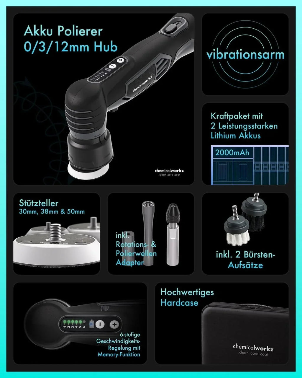 Pulidora inalámbrica EVO Mini, juego de 25 piezas, excéntrica y rotativa con baterías, adaptadores, platos de apoyo, almohadillas y accesorios