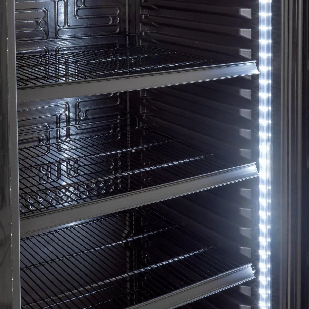 Refrigerador de bebidas GK-360BB 360 L con puerta de cristal, iluminación LED, cerradura y refrigeración por aire circulante para hostelería