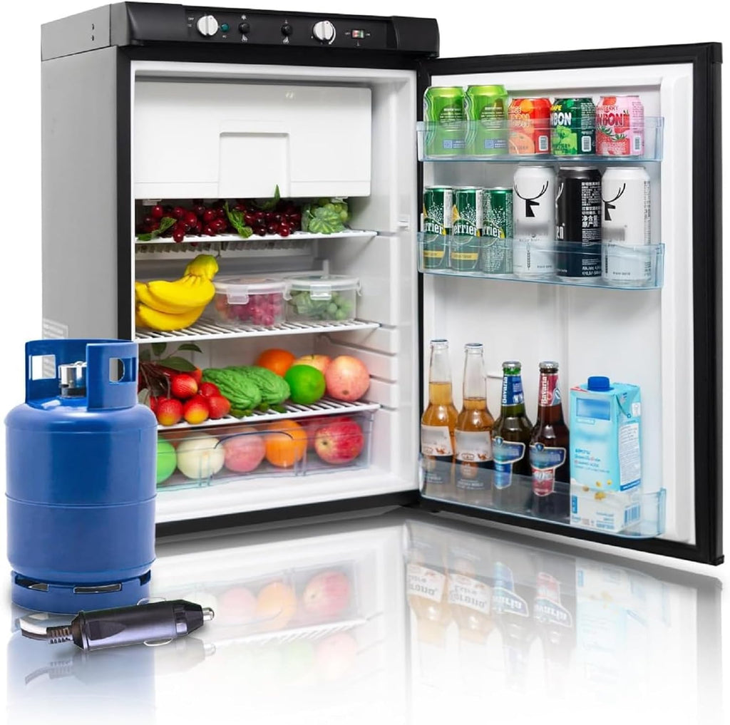 Refrigerador a gas SMETA con congelador, refrigerador de camping a gas, combinación de refrigerador y congelador de 100 L, refrigerador silencioso, 12 V 230 V gas propano para casa de vacaciones, caravana, autocaravana, garaje, negro
