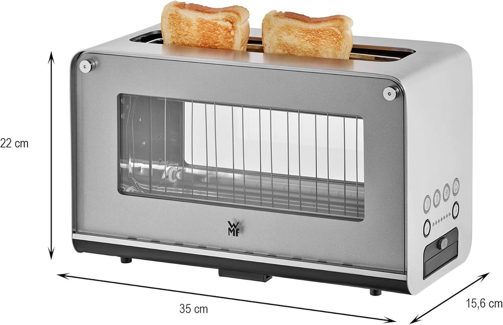 Tostadora de cristal WMF Lono con accesorio para panecillos, 2 rebanadas, XXL, elevación motorizada y hervidor de agua 2 en 1 Vario Lono, con ajuste de temperatura, 1,4-1,7 l, 3000 W, hervidor de té de cristal con infusor