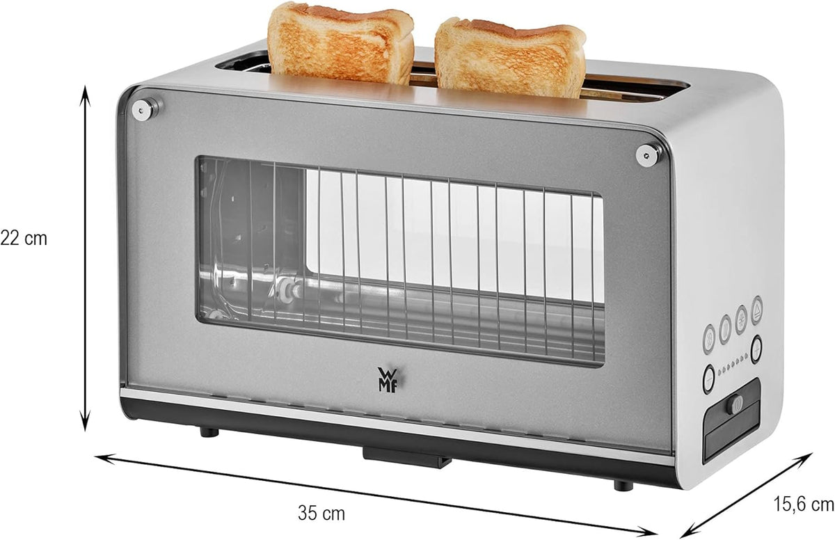 Tostadora de cristal WMF Lono con accesorio para panecillos, 2 rebanadas, XXL, elevación motorizada y hervidor de agua 2 en 1 Vario Lono, con ajuste de temperatura, 1,4-1,7 l, 3000 W, hervidor de té de cristal con infusor