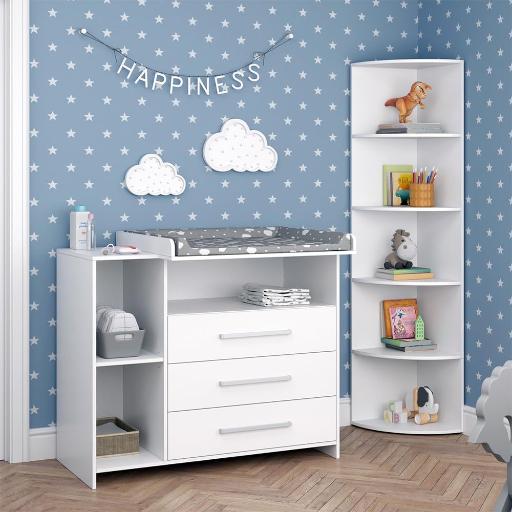 Juego de habitación infantil Vicco Oskar, blanco, 2 piezas, con cambiador y estante para juguetes, convertible en cómoda normal tras retirar el cambiador