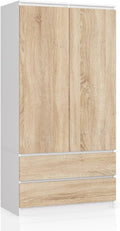 Armario de dos puertas AKORD S 90 cm, 2 cajones con estantes y una barra para colgar ropa, para dormitorio, armarios de estilo minimalista, tablero laminado de 16 mm, color blanco/sonoma
