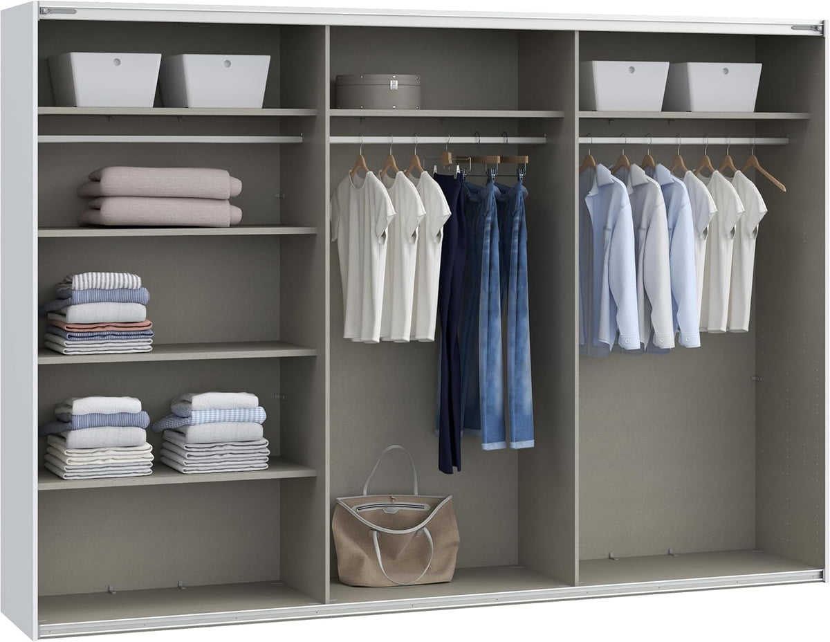 Armario corredero Forte SOPHISTISPACE 300 de 3 puertas con estantes y barra para colgar ropa, blanco, 299,8 cm de ancho, 210,5 cm de alto, 62,9 cm de profundidad