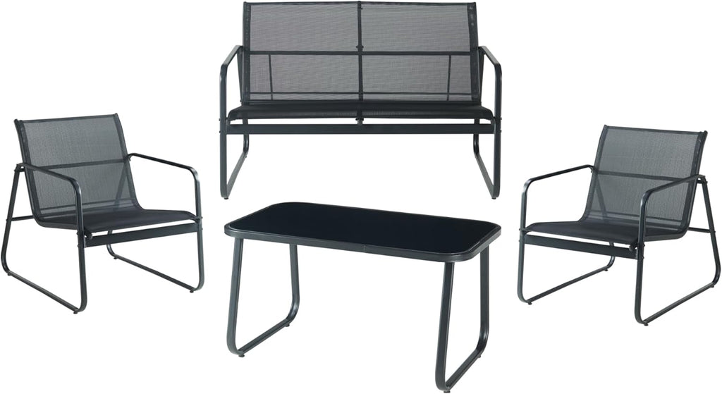 casa.pro Set de muebles de jardín Anzi 4 piezas. Conjunto de asientos para exteriores negro, juego de muebles de balcón compuesto por 1 mesa, 1 banco, 2 sillas, conjunto de muebles de salón para terraza, resistente a la intemperie