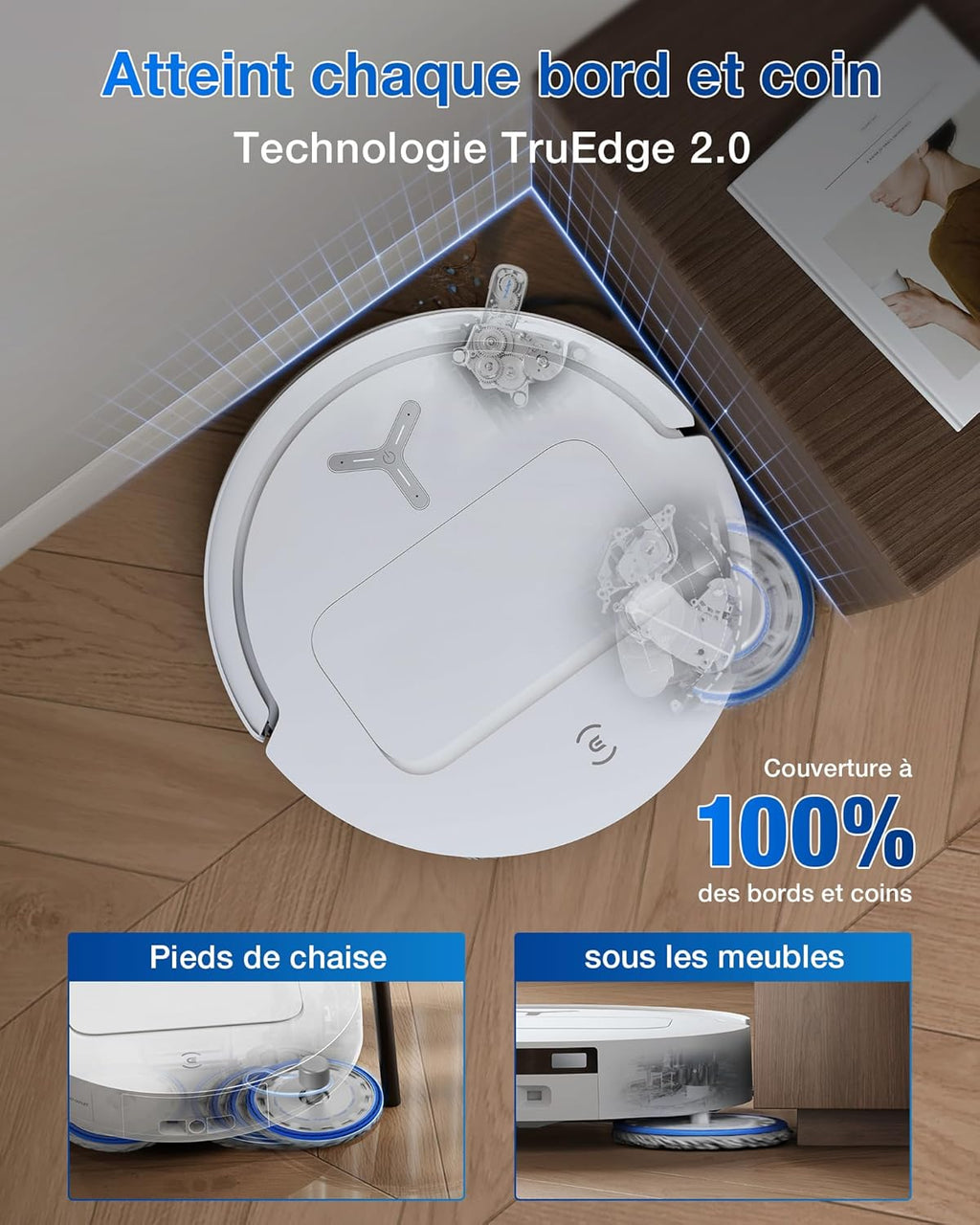 Robot aspirador ECOVACS T50 Pro Omni, 15000Pa mejorado respecto al T30 Pro Omni, cepillo lateral y mopa extensibles, adición automática de solución de limpieza, lavado con agua caliente a 75℃, blanco
