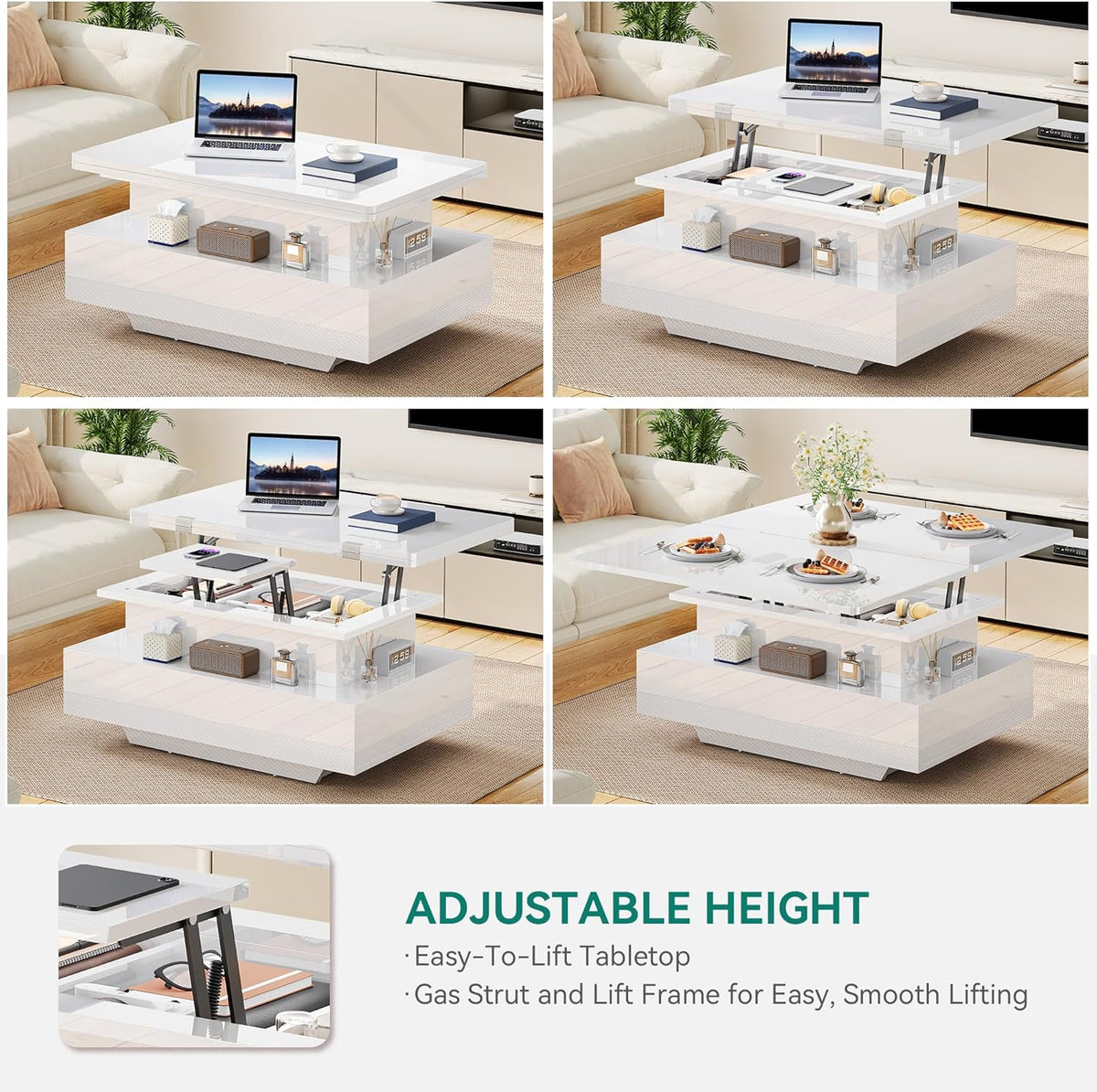 Mesa de centro elevable YITAHOME, mesa de salón de alto brillo con 2 cajones y LED, mesa de centro con compartimento oculto, mesa de café convertible en mesa de comedor