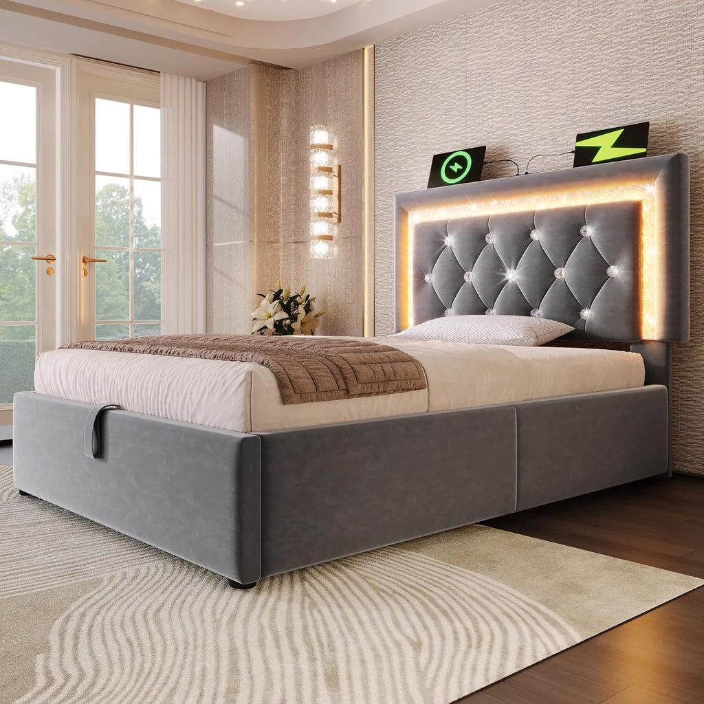 Cama tapizada individual 90x200cm con cabecero LED, estación de carga USB y tipo C, canapé hidráulico con espacio de almacenamiento, cama juvenil moderna con somier, terciopelo (gris, 90x2 00cm)