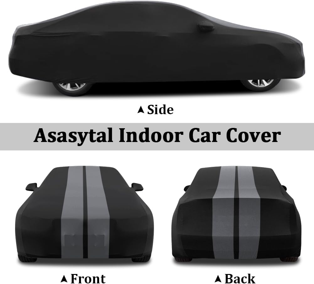Asasytal Funda de coche para interiores, para sedán/berlina, funda protectora transpirable de terciopelo elástico, para garaje/exposición de coches, 4,9~5,25 m, gris a rayas + negro