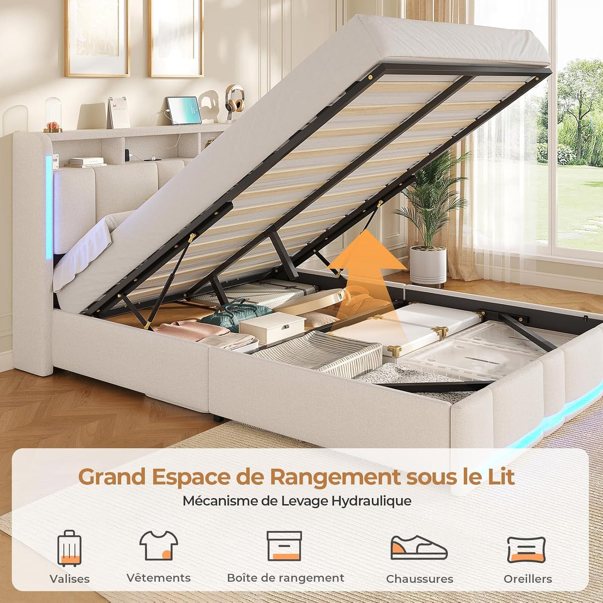 Cama tapizada AOGLLATI 140×200 con tomas de corriente e iluminación LED, cama doble con cabecero con almacenamiento y espacio de almacenamiento hidráulico, estructura de cama con somier, cama juvenil 140×200, lino, sin colchón, beige