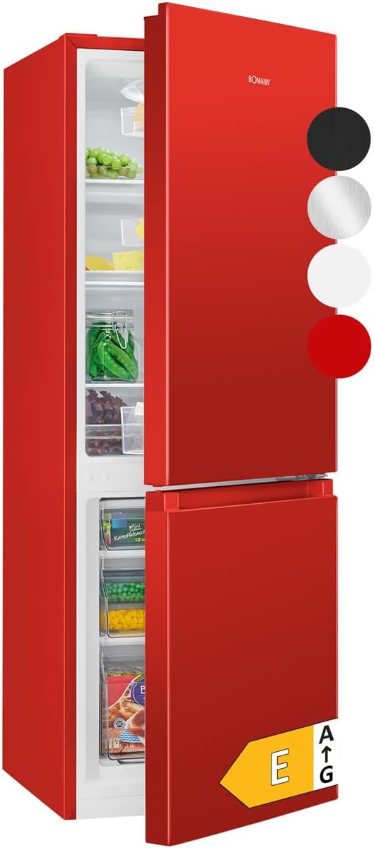 Bomann, KG320, Frigorífico y congelador 175L, Control de temperatura continuo, Bisagras de puerta a la derecha, intercambiables, Pies ajustables, Rojo