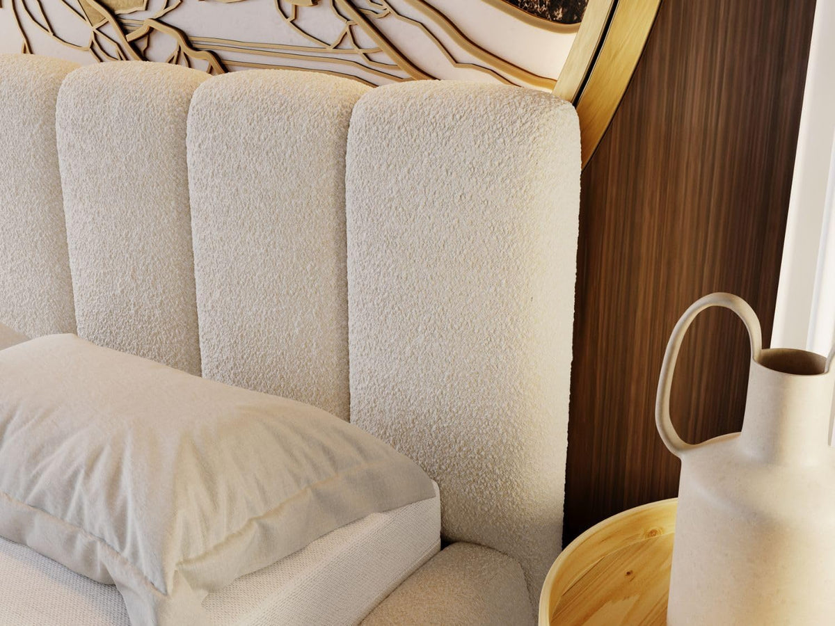 Cama tapizada GRAINGOLD Cloud 180x200 con arcón, cama tapizada con espacio de almacenamiento, tela de bouclé, con somier, con cabecero, sin colchón (beige, 180x200)