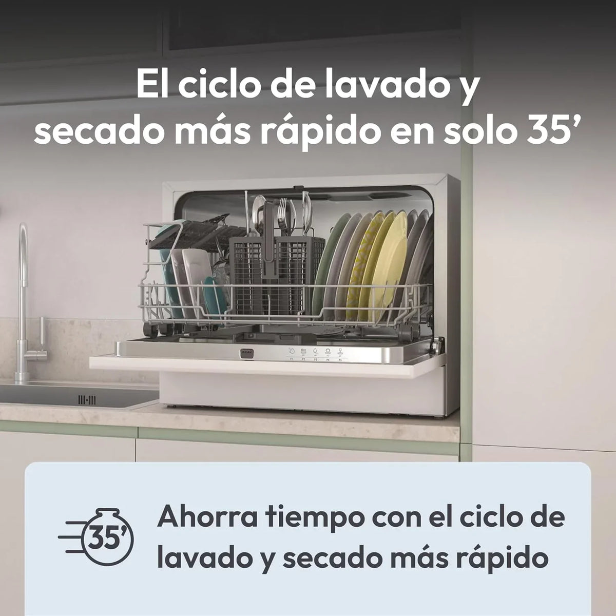 Candy CP 6E51LW Lavavajillas pequeño y compacto, 6 servicios, digital, 51 dBA, 5 ciclos, media carga, inicio diferido 3-6-9 horas, indicador de sal y abrillantador, indicador de fin de ciclo, blanco