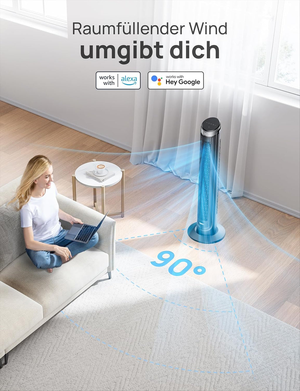 DREO Smart Turmventilator Sehr Leise, 90° Oszillierend Standventilator für Schlafzimmer, 7.9 m/s Windstärke, 5 Stufen, 4 Modi, Touch/Fernbedienung/App & Sprachsteuerung, Alexa, 12H Timer, Silber