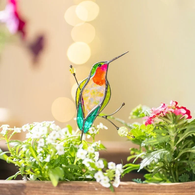 Set de estacas para plantas de colibrí de cristal, decoración floral para interiores, pintado a mano