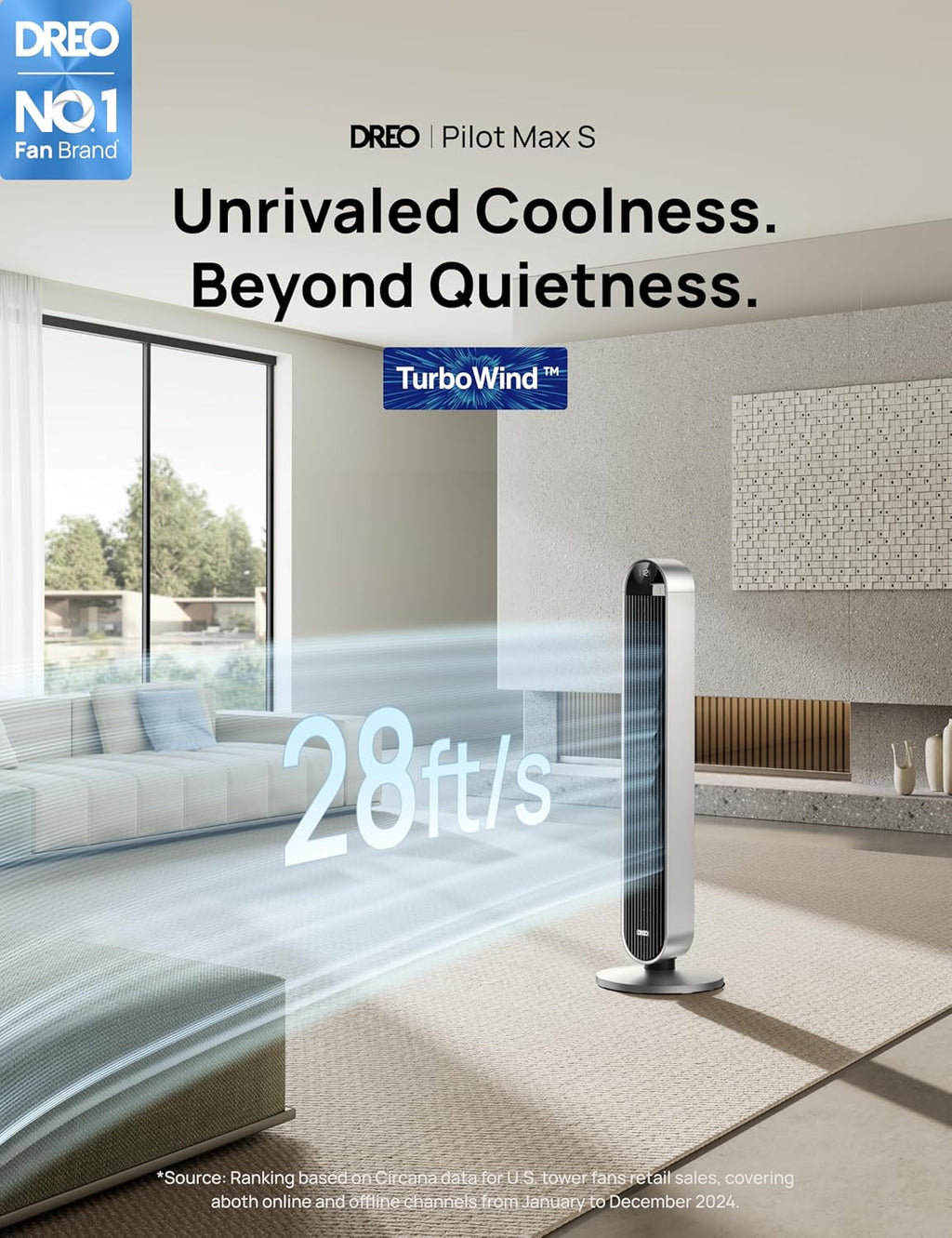 Ventilador de torre inteligente Dreo 25 dB más silencioso con control por voz, ventilador WiFi para Alexa, control por APP, ventilador de pie oscilante de 120°, 12 velocidades, 4 modos, temporizador de 12 horas, Pilot Max S