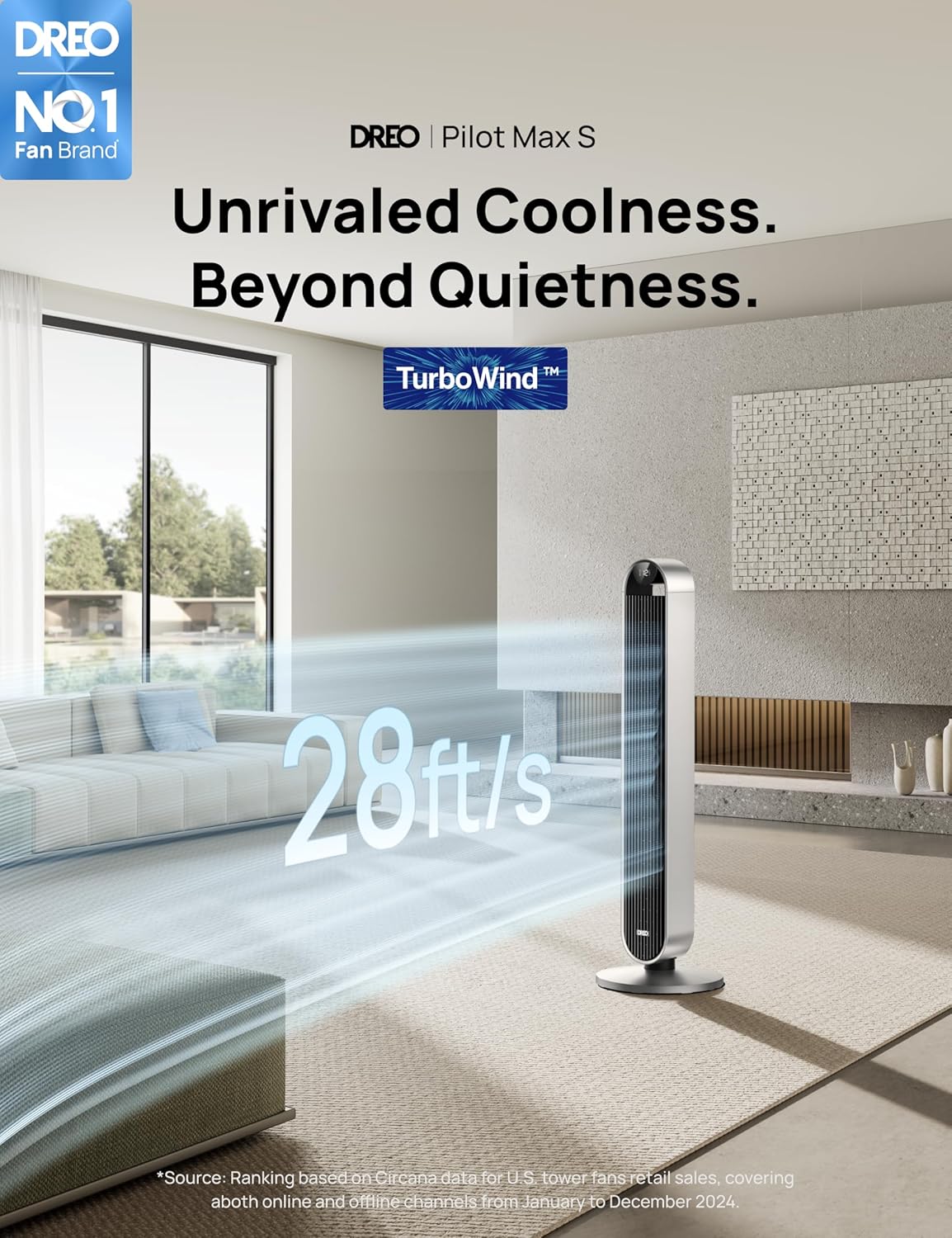 Ventilador de torre inteligente Dreo 25 dB más silencioso con control por voz, ventilador WiFi para Alexa, control por APP, ventilador de pie oscilante de 120°, 12 velocidades, 4 modos, temporizador de 12 horas, Pilot Max S
