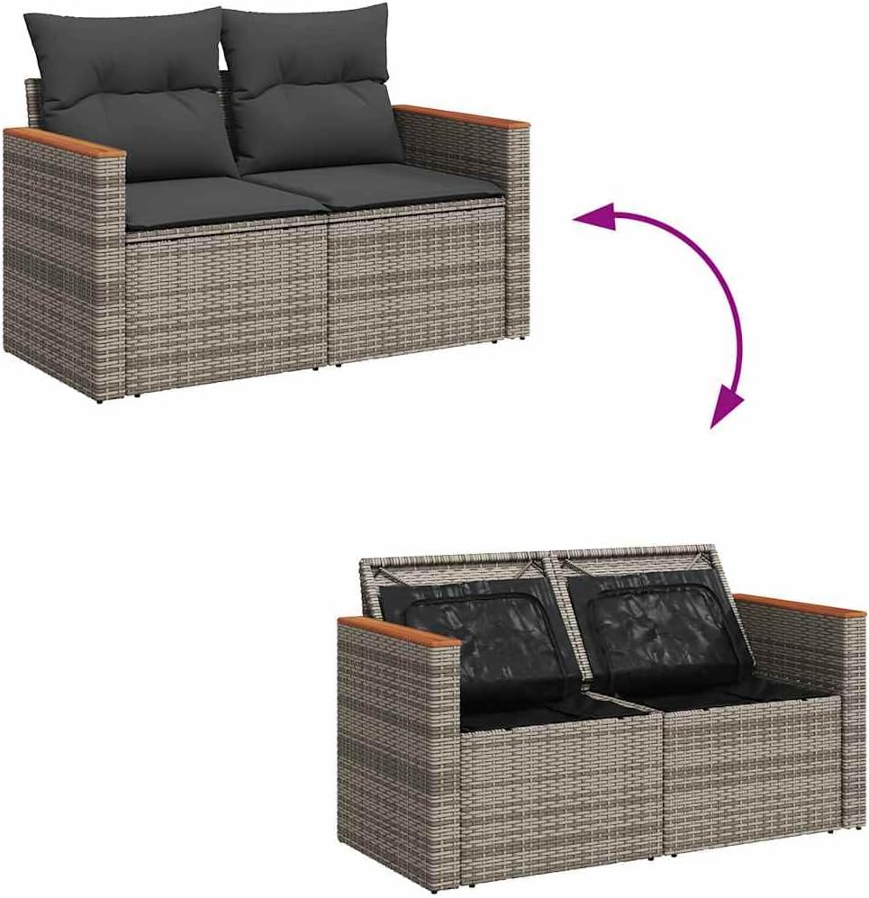 vidaXL Set de sofás de jardín de 5 piezas con cojines gris de poliratán y acacia, conjunto de sofás de exterior, set de sofás de jardín, set de salón, conjunto de sofás para terraza