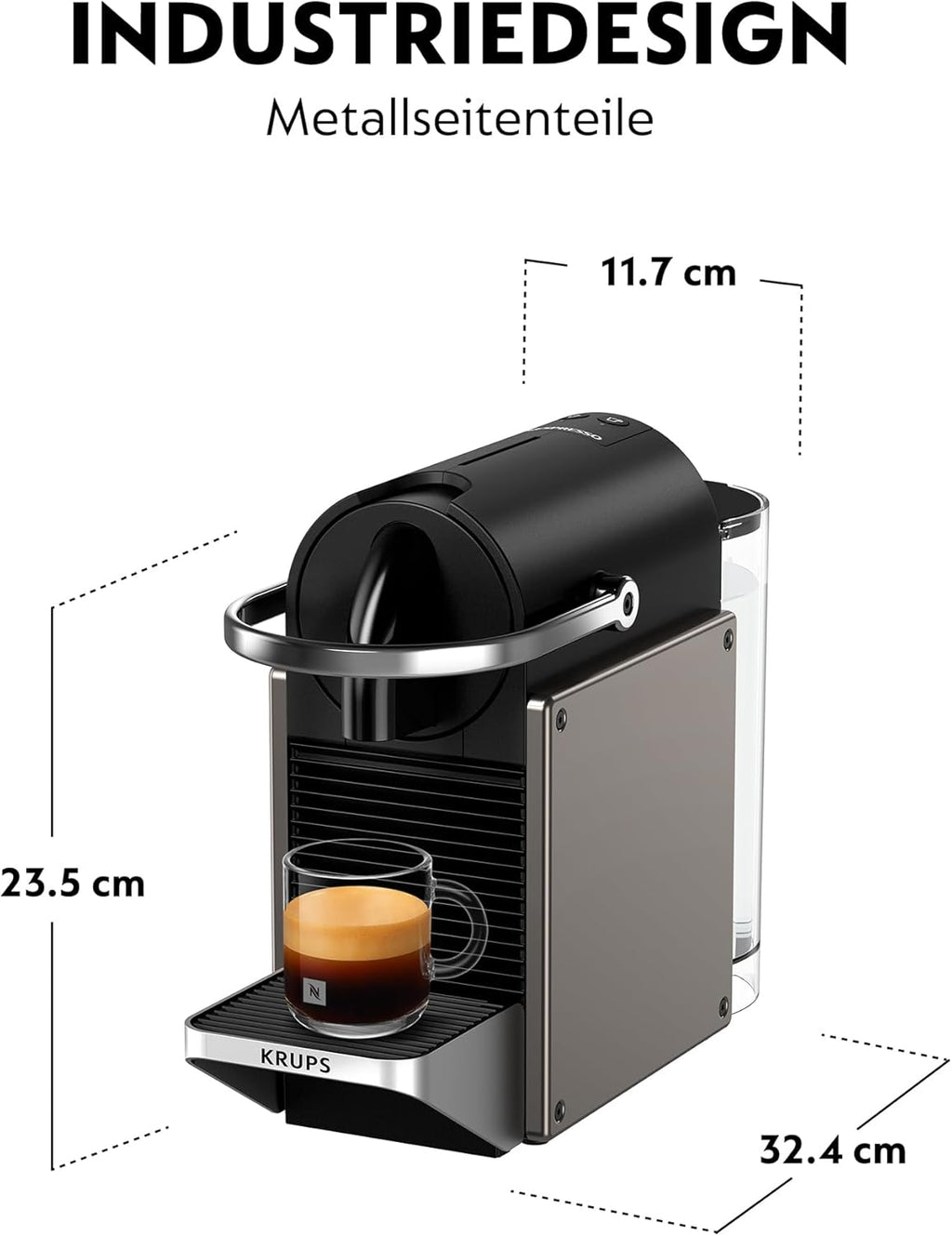 Cafetera de cápsulas Krups Nespresso Pixie Redesign, 1260 W, depósito de agua de 0,7 l, Espresso o Lungo, ahorro de energía, cápsulas reciclables, incluye set de bienvenida, Titanio, XN306T10