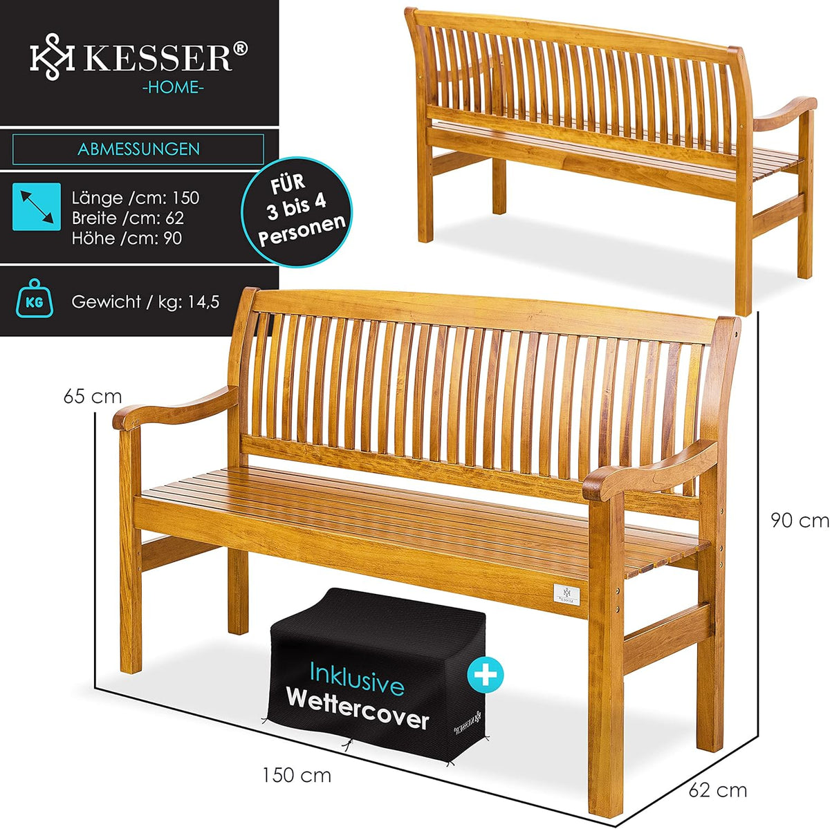KESSER® Banco de jardín de madera, resistente a la intemperie | Para 3 a 4 personas | Banco de parque de madera maciza | Banco con capacidad de carga de 320 kg, 150 cm | Banco para balcón, terraza y jardín, incl. funda, marrón claro