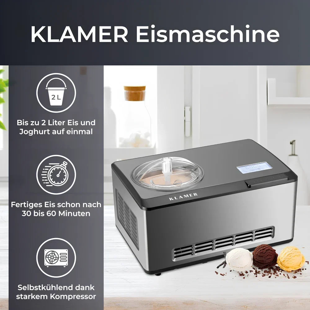 Máquina para hacer helados 2 en 1 con compresor, 2 L, 180 W, acero inoxidable, función de refrigeración y calentamiento, máquina para hacer yogur y helado