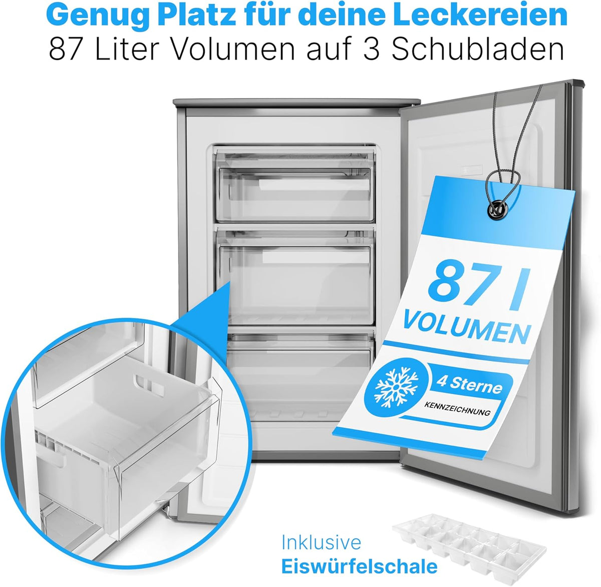 Congelador Bomann® 87 L | Congelador pequeño con rango de temperatura ≤ -18 °C | 3 cajones | Congelador con bisagra de puerta reversible | Congelador pequeño GS 7253 blanco