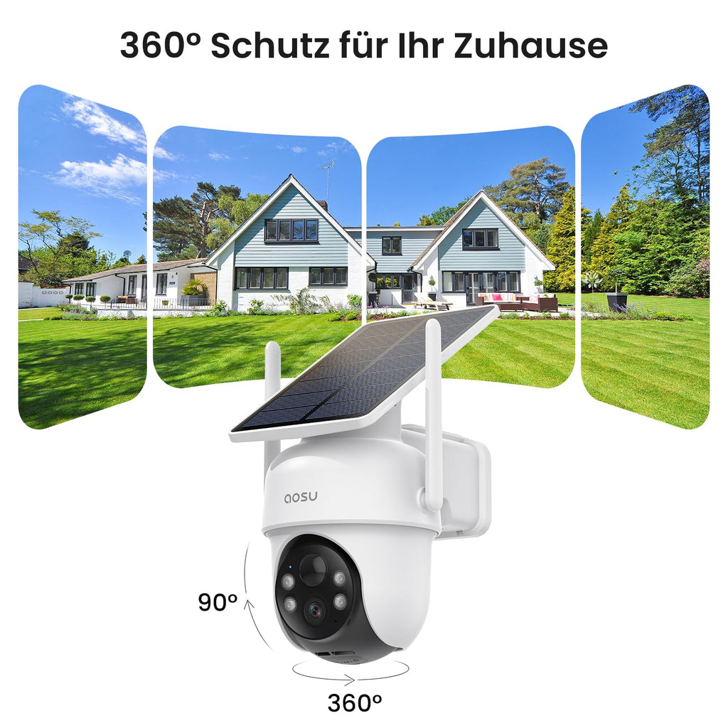 Cámara de seguridad exterior solar aosu D1 2K, 32 GB sin suscripción, PTZ 360°, sistema de 4 cámaras, visión nocturna a color, audio bidireccional, Wi-Fi 2,4/5 GHz