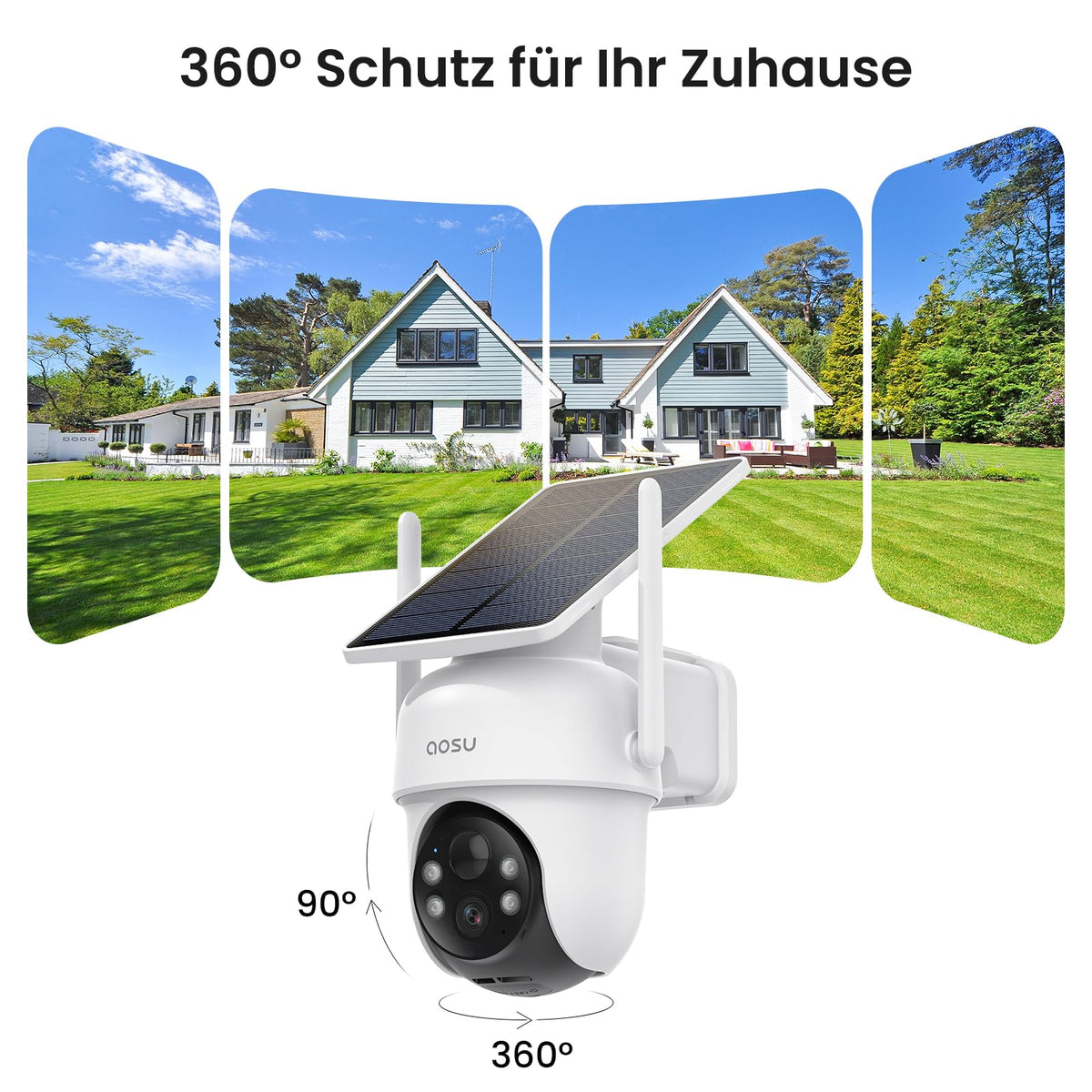 Cámara de seguridad exterior solar aosu D1 2K, 32 GB sin suscripción, PTZ 360°, sistema de 4 cámaras, visión nocturna a color, audio bidireccional, Wi-Fi 2,4/5 GHz