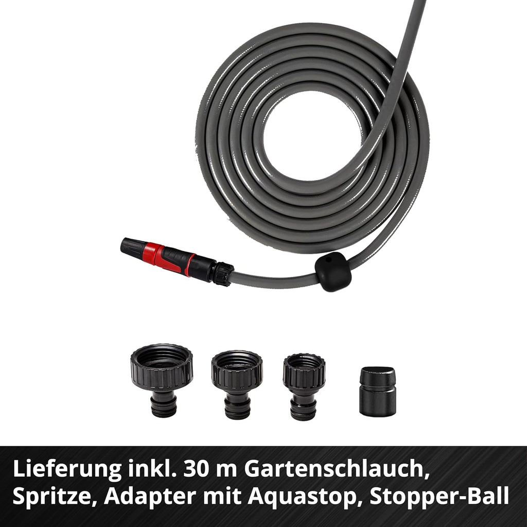 Enrollador de manguera a batería Einhell GE-HR 18/30-1 Li-Solo Power X-Change (18 V, enrollado automático de manguera, giratorio hasta 180°, soporte de pared, manguera de jardín de 30 m y rociador, sin batería)